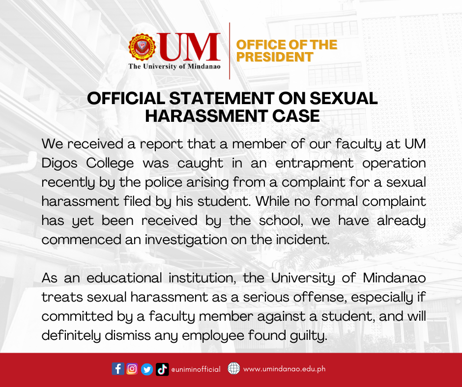 UNIVERSITY STATEMENT: Sexual harassment committed by faculty member