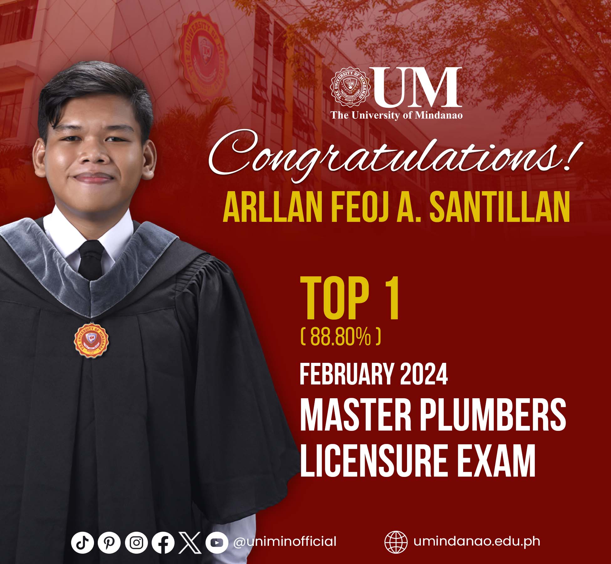 UMian places first in Feb 2024 Master Plumber licensure exam