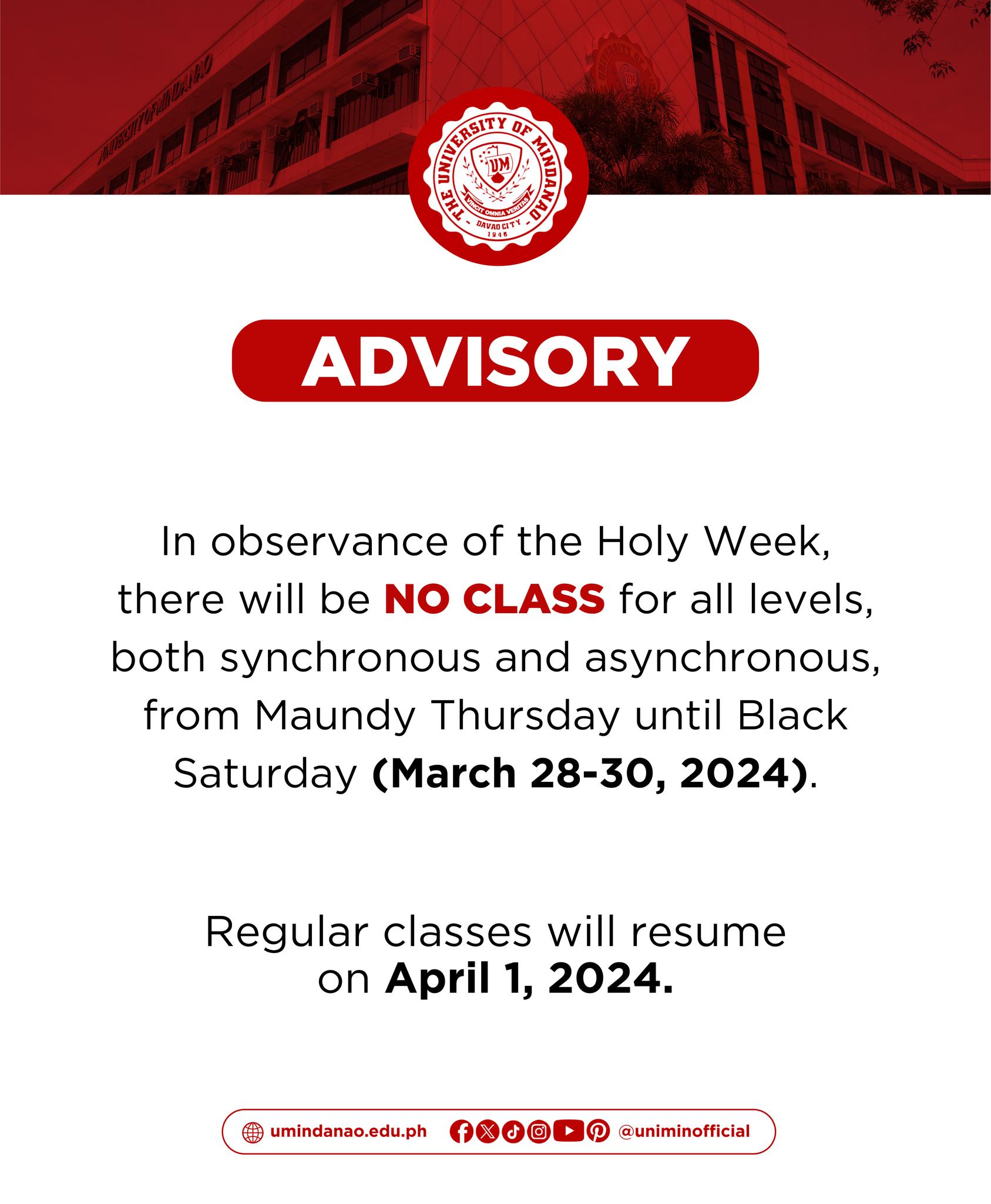 Announcement: No classes for the Holy Week 2024 observance