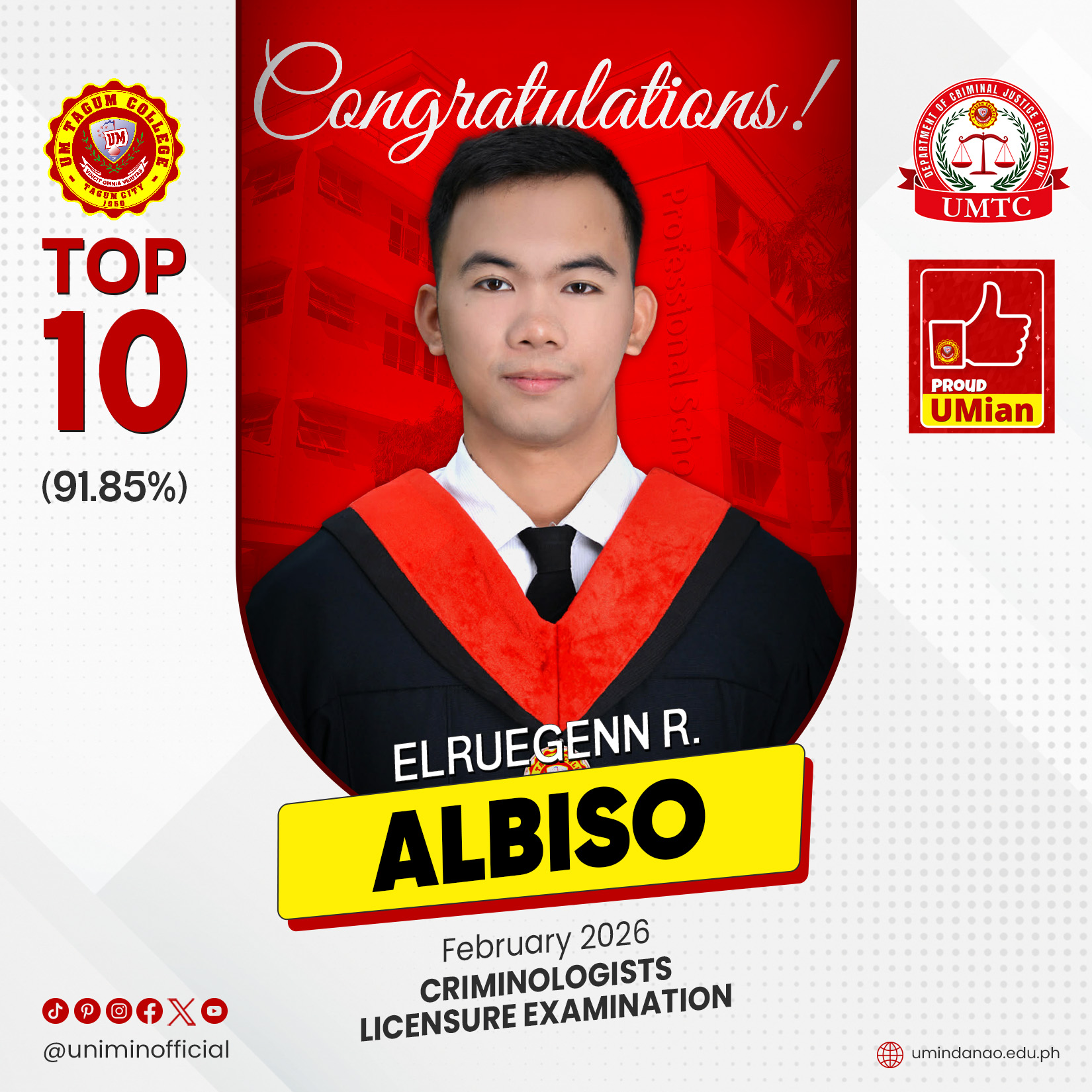 UMians come out on top in February 2026 Criminologist Licensure Exam